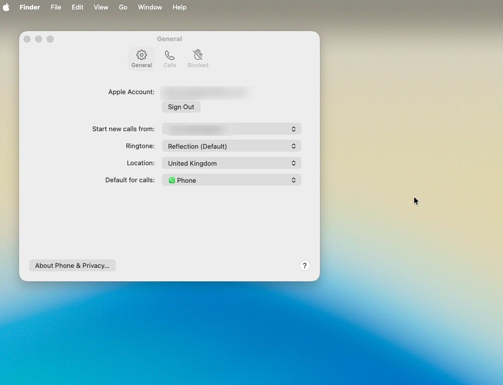Settings window on a Mac desktop, showing options for Apple account, ringtone, location, and call preferences against a gradient background.
