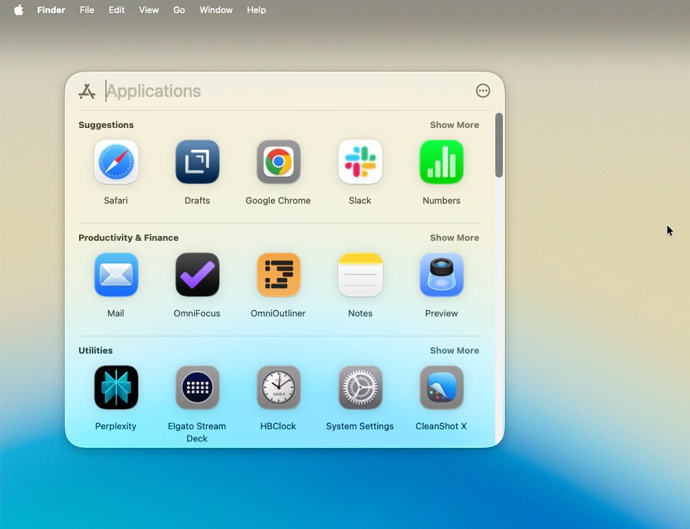 MacOS Finder window displaying applications like Safari, Chrome, Slack, and others, organized under categories: Suggestions, Productivity & Finance, and Utilities, on a beige gradient background.