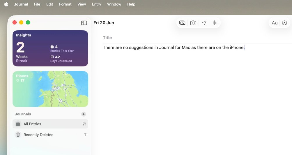 Journal app on a Mac showing insights panel, text editor with a title, and no suggestions message.