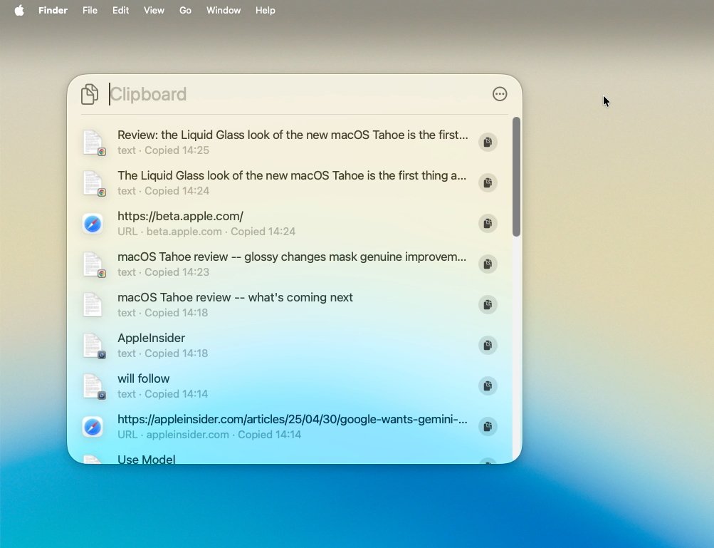 A macOS clipboard manager shows a list of copied text and URLs with timestamps, using a clean, minimal interface.