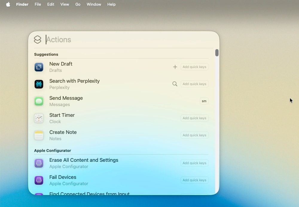 Actions menu with app icons and text for New Draft, Search, Send Message, Start Timer, and Create Note. Options include adding quick keys.