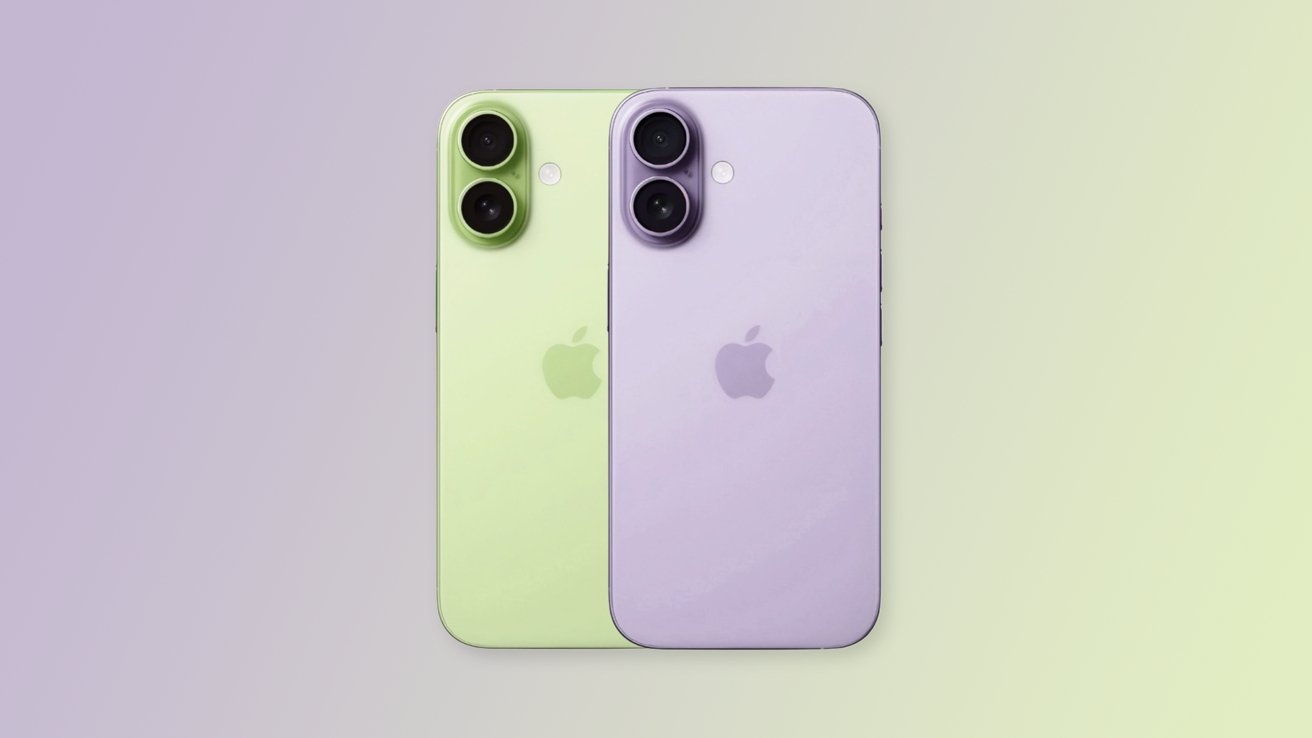 Two smartphones, one green and one purple, featuring dual rear cameras and the Apple logo, on a gradient pastel background.