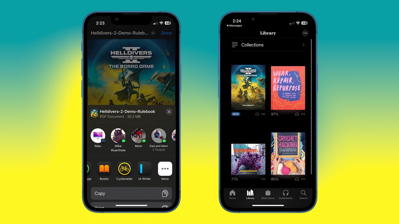 Two smartphones display a board game rulebook and a library app with book covers. Background features a teal-to-yellow gradient.