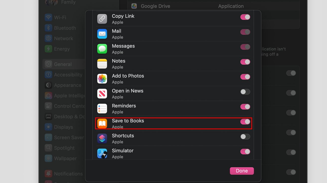 Dark mode settings screen showing various app toggles like Mail, Messages, and Save to Books, with on and off switches.