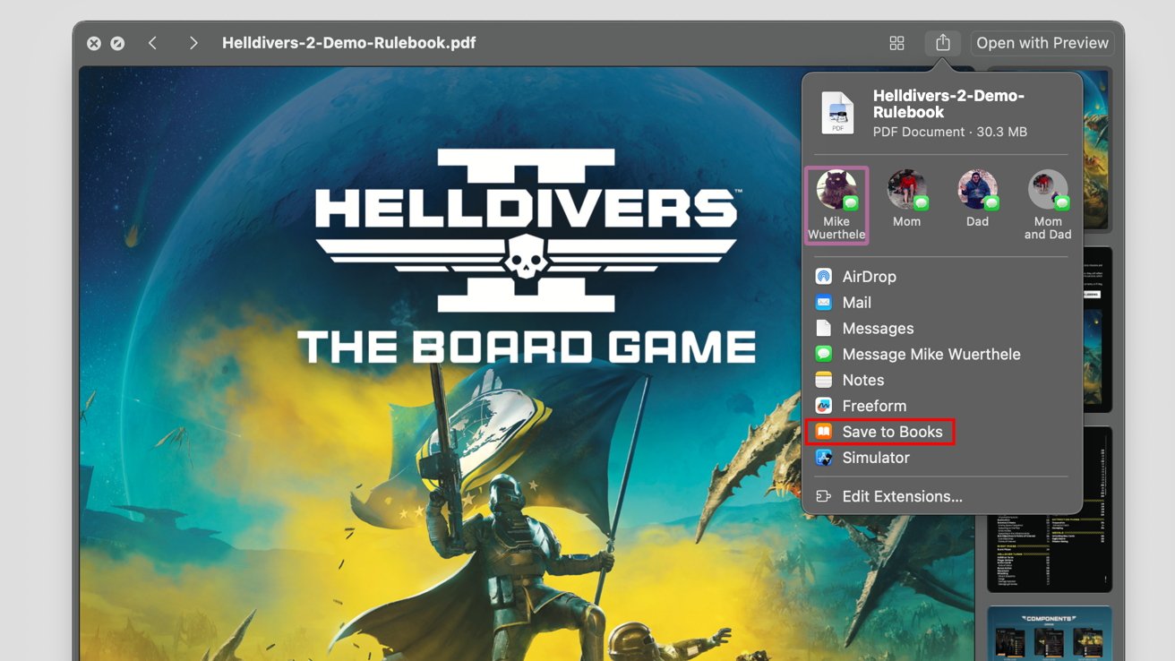 A board game cover featuring a space warrior holding a large weapon and flag, against a blue and yellow cosmic background, with a floating menu for saving or sharing the file.