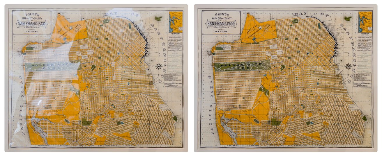 Two vintage San Francisco maps with detailed grid layout, highlighting streets, parks, and coastline, featuring bold orange and green areas and text boxes for key locations.