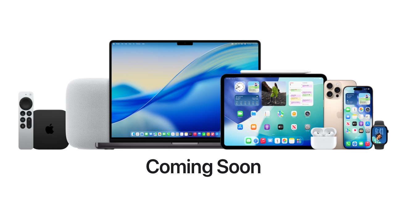 Various Apple products including a laptop, tablet, smartphone, smartwatch, wireless earbuds, speaker, remote, and streaming box on a white background with 'Coming Soon' text below.