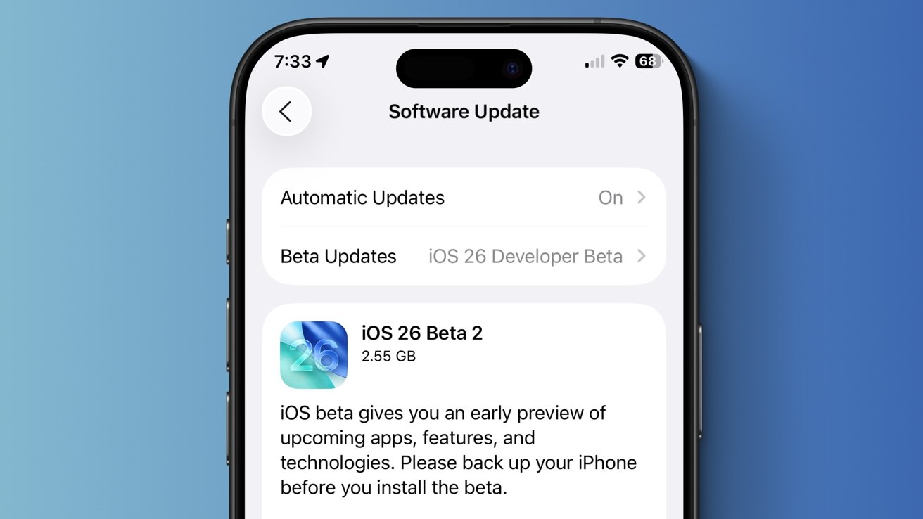 Smartphone screen displaying iOS 26 Beta 2 software update information, including beta features description and update size of 2.55 GB.