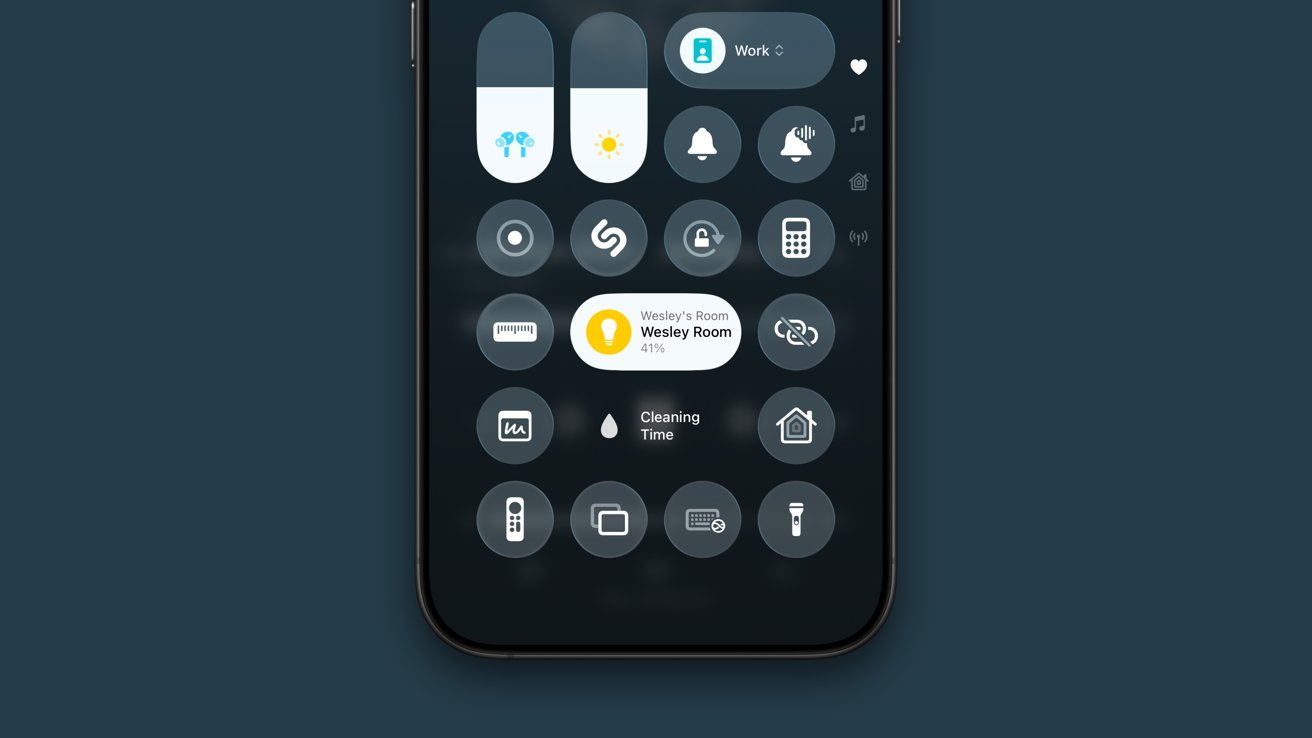 Smartphone interface with circular icon buttons including lighting, cleaning, and security controls on a dark background.