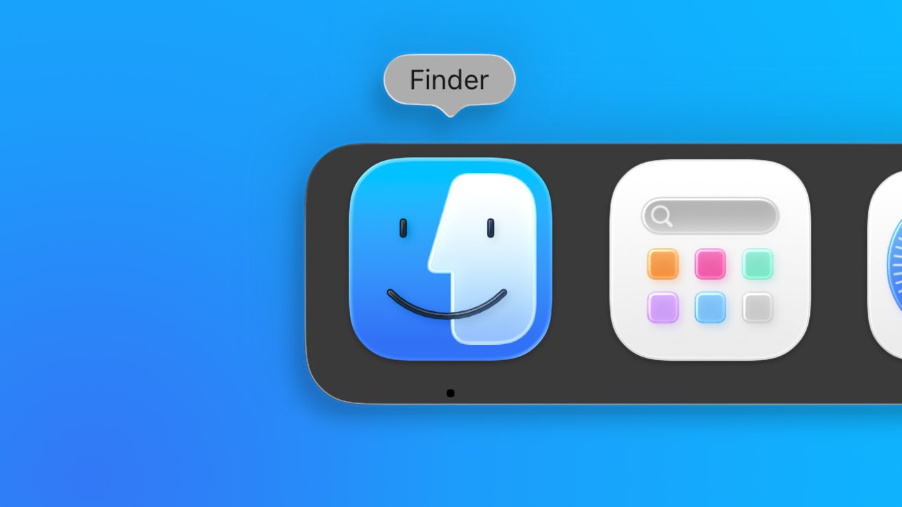 MacOS Finder icon with a blue smiling face on a dock background, labeled with a speech bubble saying 'Finder.'