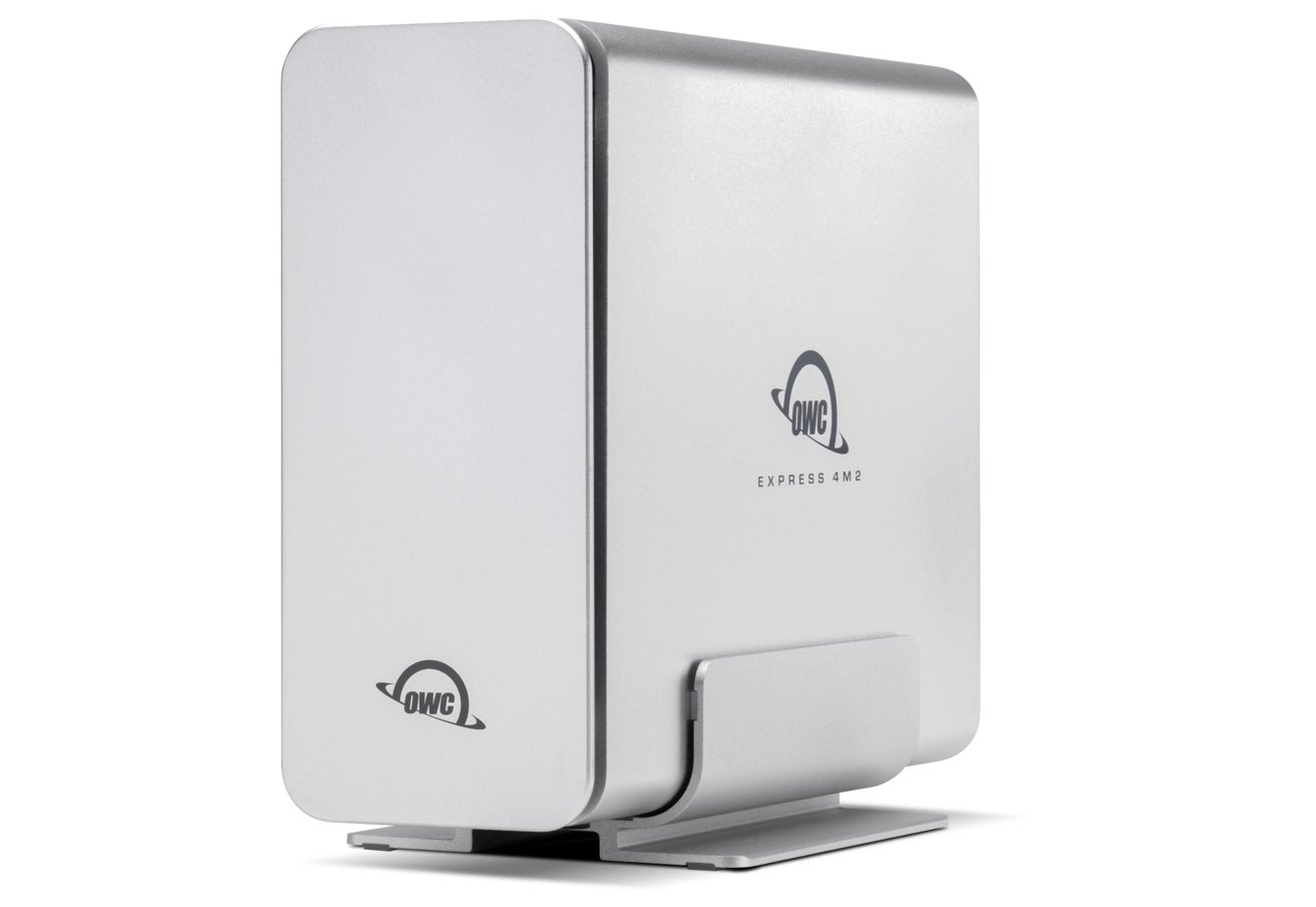 Silver rectangular external hard drive with rounded edges, OWC logo, and the text 'EXPRESS 4M2' on its surface, standing vertically on a flat base.