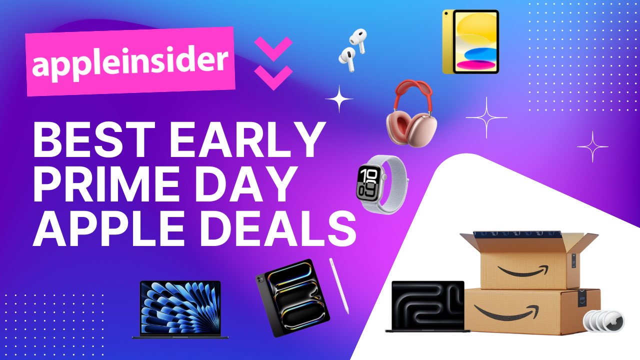 Promotional graphic for early Prime Day Apple deals featuring product images like headphones, watch, tablet, and laptops against a blue and purple gradient background with Amazon boxes.
