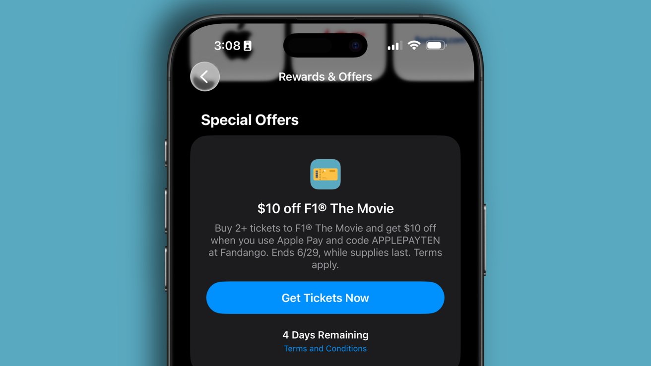 iPhone screenshot showing the Wallet app with a promotional item of $10 off the 'F1' movie