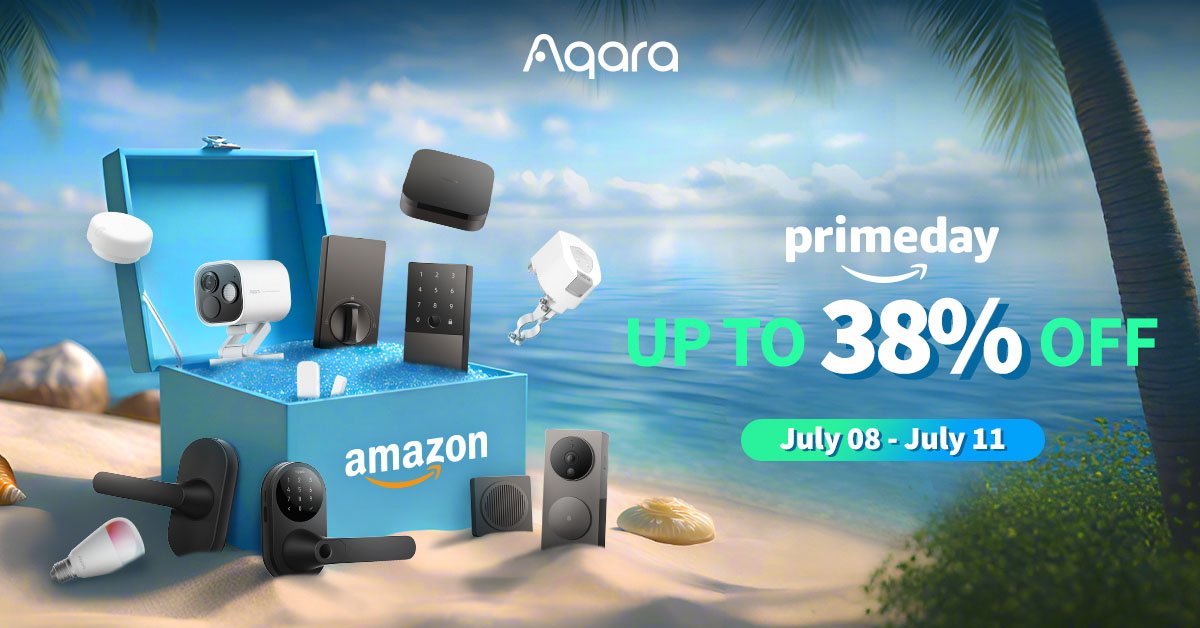 Tropical beach scene with Aqara smart home products floating from an Amazon box. Prime Day sale announcement, up to 38% off.