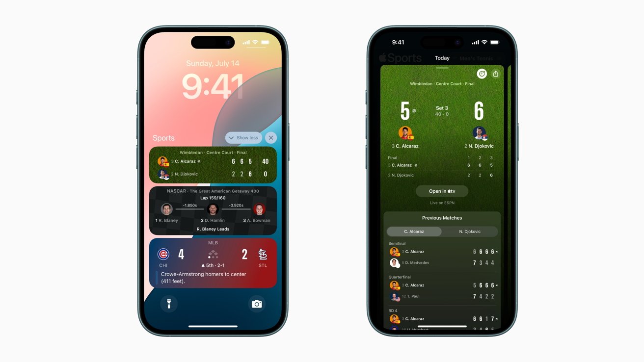 Two smartphone screens displaying sports scores; left shows a Wimbledon match and a NASCAR race, right shows detailed Wimbledon match scores and previous results on a green background.