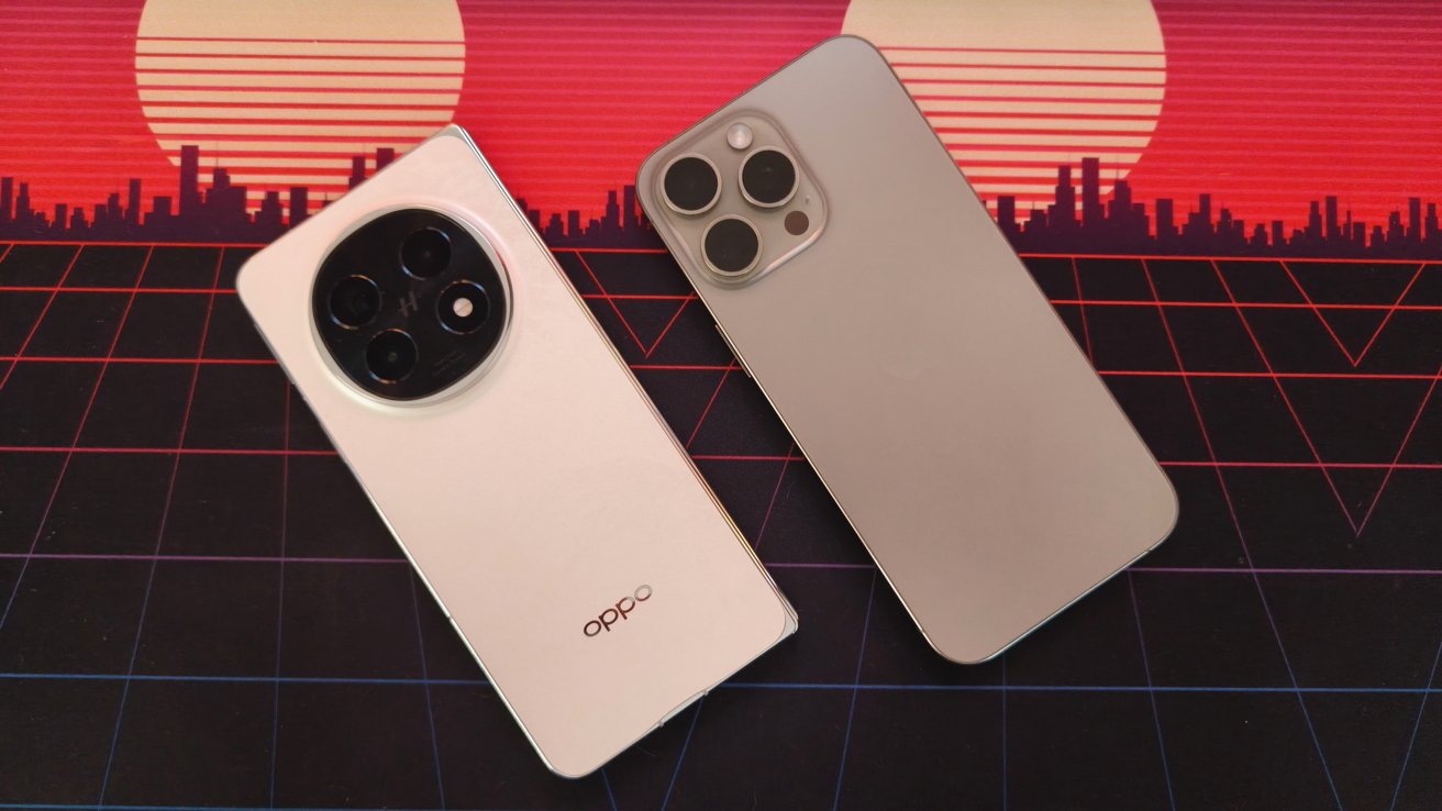 Two smartphones on a retro-themed background; one with a circular camera module, the other with a square camera module.