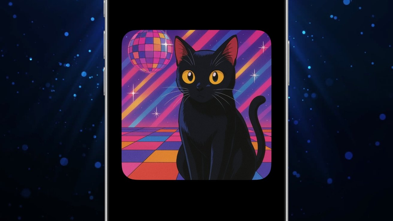 A black cat with bright yellow eyes sits on a colorful disco-themed floor, with a mirrored disco ball and vibrant stripes in the background.