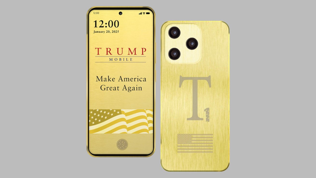 Gold-colored smartphone design with 'Trump Mobile' and 'Make America Great Again' text on screen, featuring an American flag. Back shows a large 'T' and dual cameras.