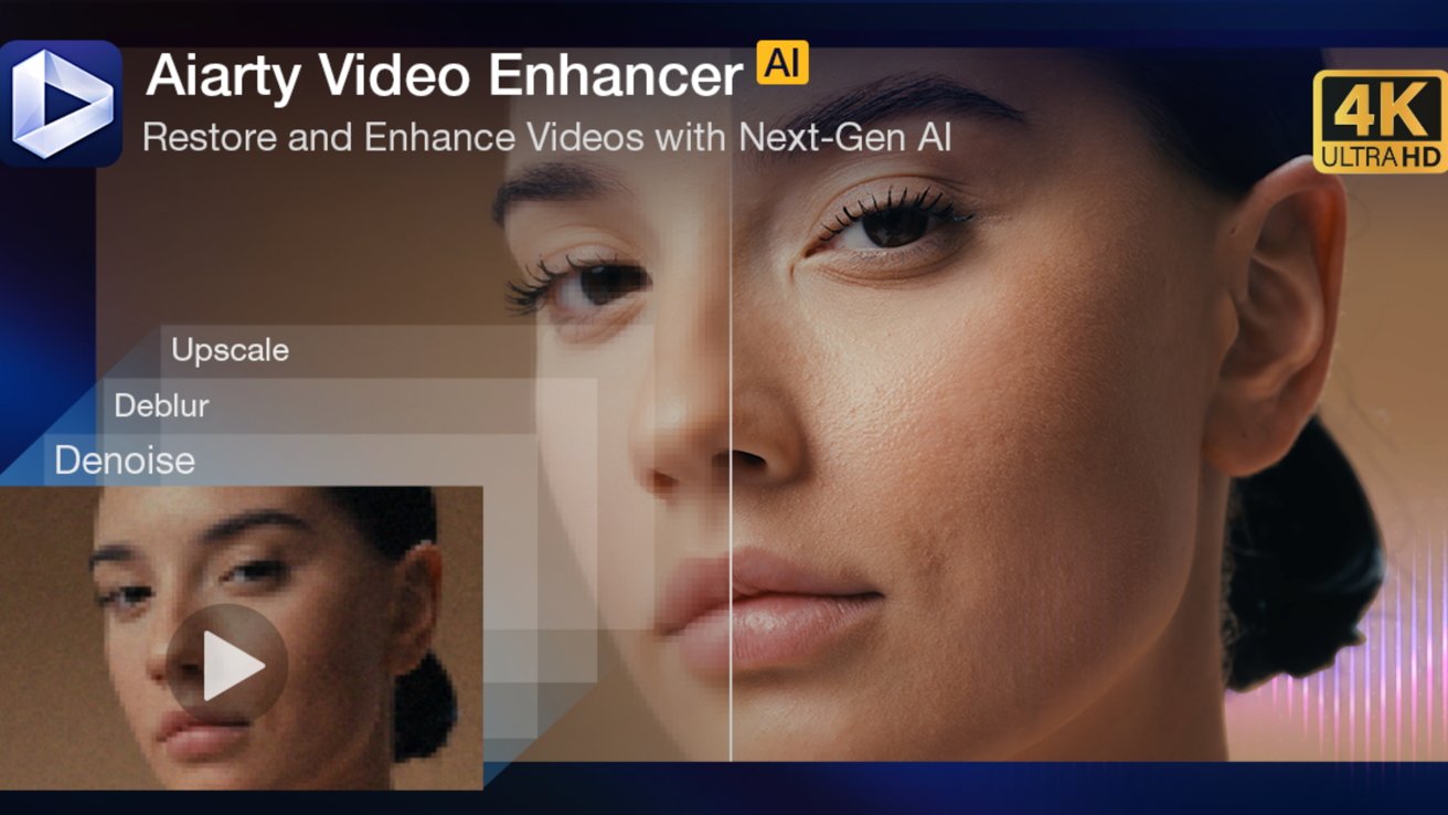 Split-screen view showing a woman's face with video enhancement features like denoise, deblur, and upscale. Text: 'Aiarty Video Enhancer - Restore and Enhance Videos with Next-Gen AI.'