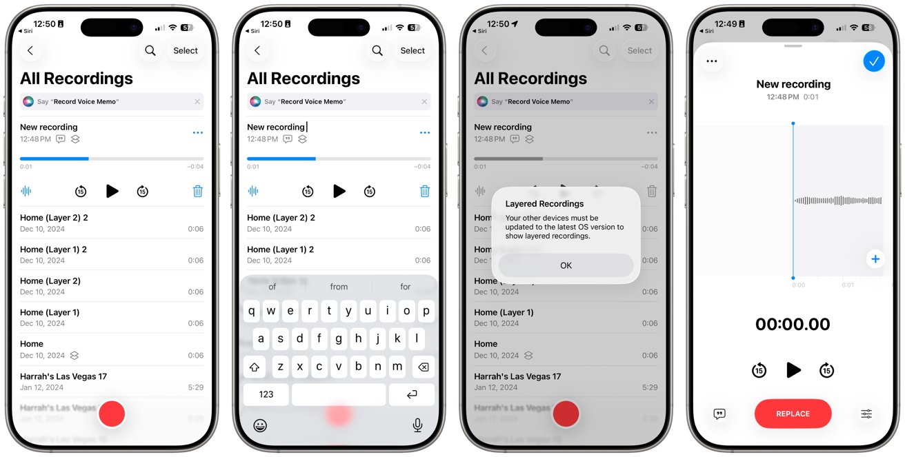 Four smartphone screens display voice recording app functions, including a list of recordings, recording interface, keyboard input, and an update notification.