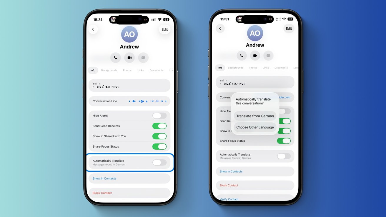 Two smartphone screens display a messaging app settings interface, showing translation options and contact details against a blue gradient background.