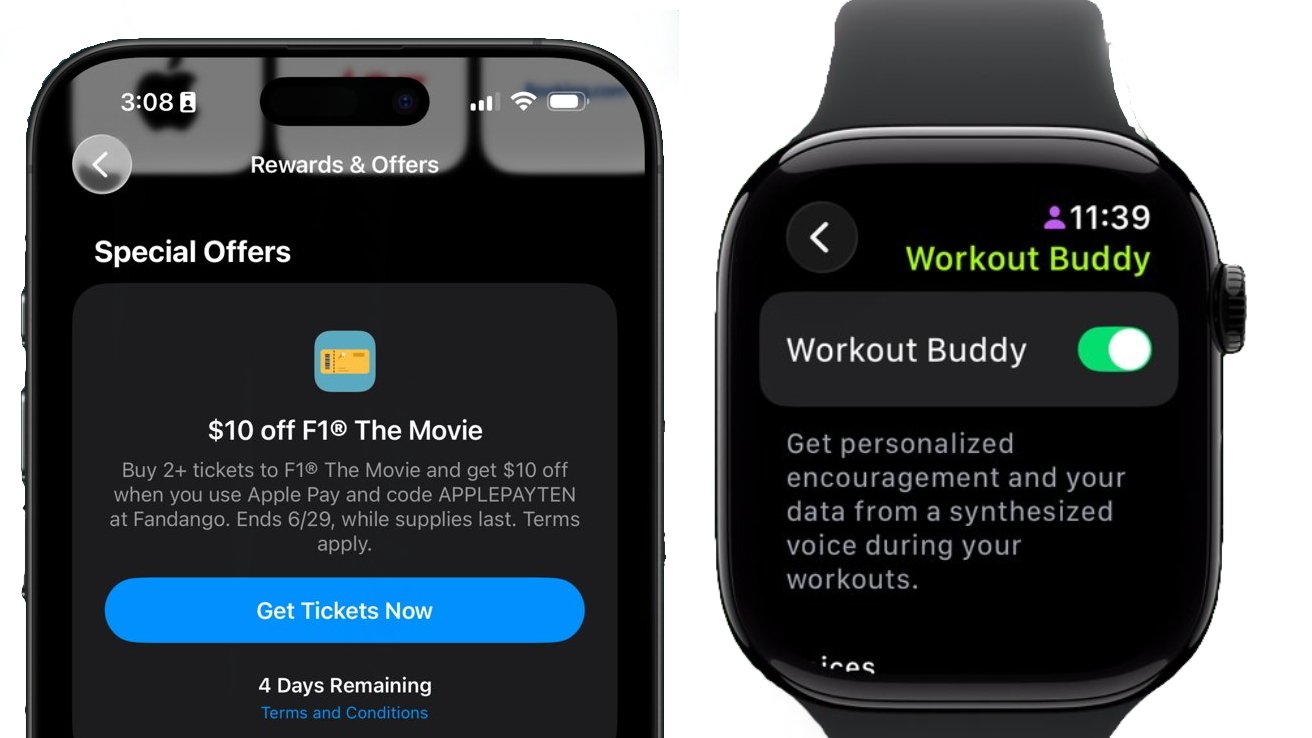 Smartphone showing a ticket discount offer, next to a smartwatch displaying a Workout Buddy feature with a toggle switch.