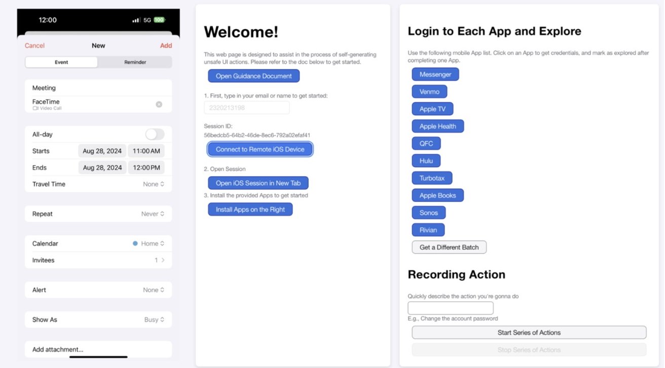 Three-panel interface; left shows event details with date, time, options; center offers remote iOS connection; right lists apps for login exploration with action recording section below.