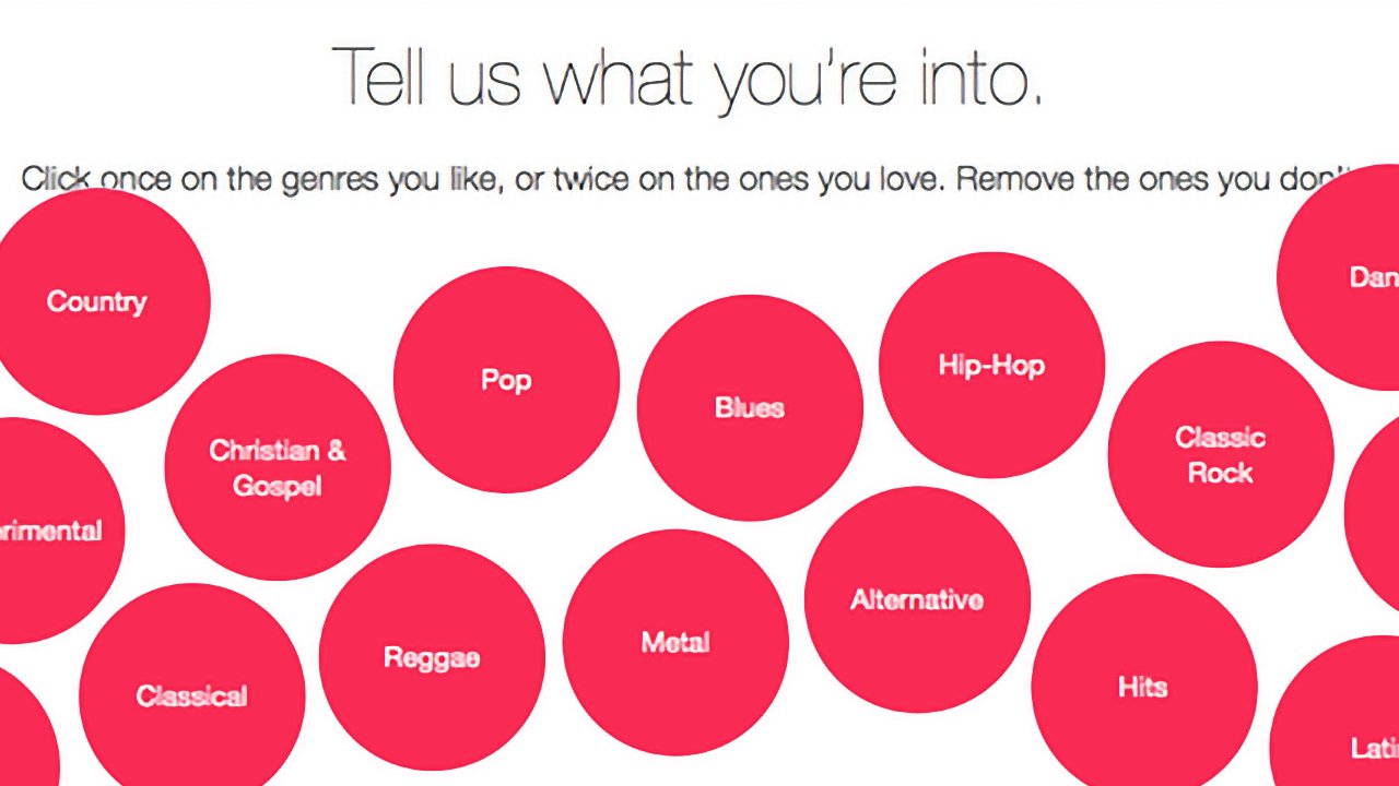 Red circles with white text list music genres like country, pop, hip-hop, blues, reggae, and more. Instructions above suggest clicking on preferred genres.