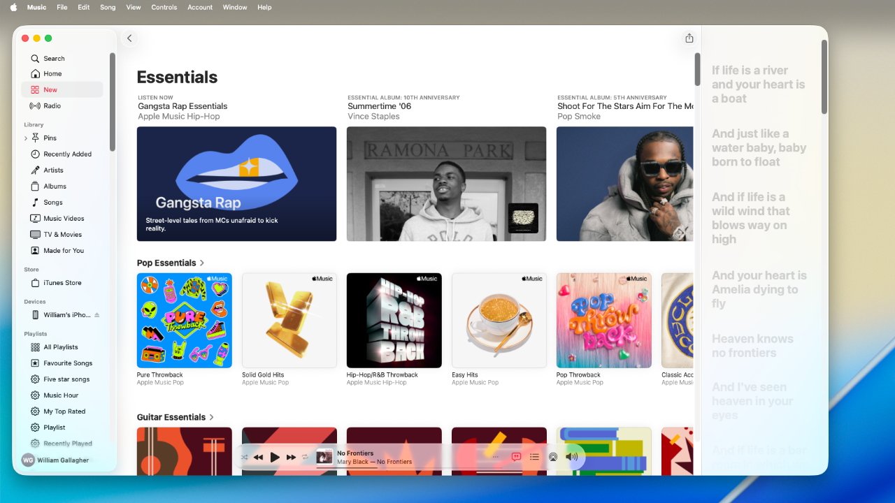 Apple Music interface displaying curated playlists and albums under categories such as Essentials, Pop, and Guitar. Sidebar shows music library and playlists. A song lyrics panel is partially visible.