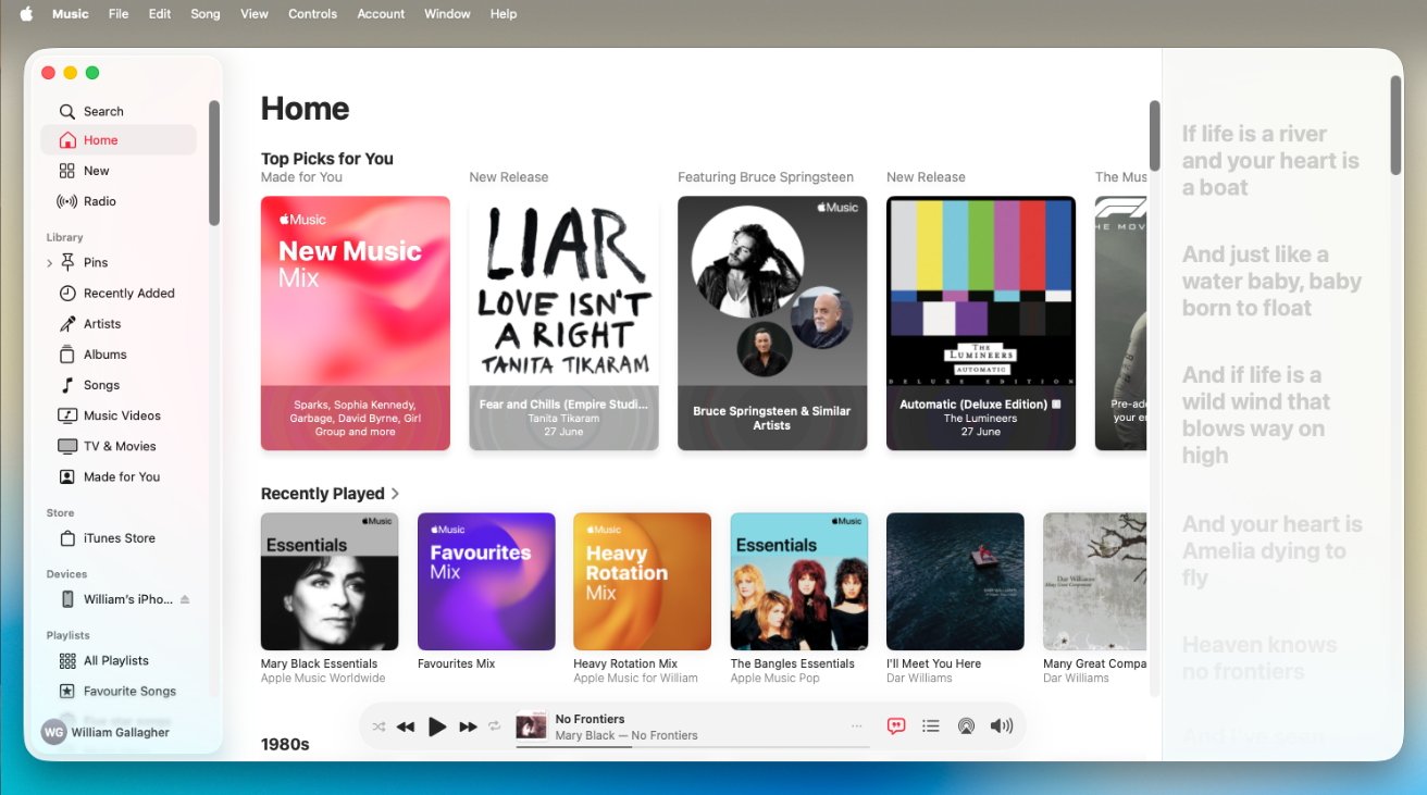 Apple Music interface displaying recommended playlists, recent releases, and a sidebar with music categories. Text on the right shows song lyrics. Bottom controls show a song currently playing.