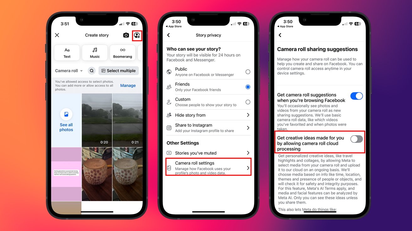 Three smartphone screens display Facebook's story creation and privacy settings, including text and toggle options for camera roll suggestions and cloud processing.