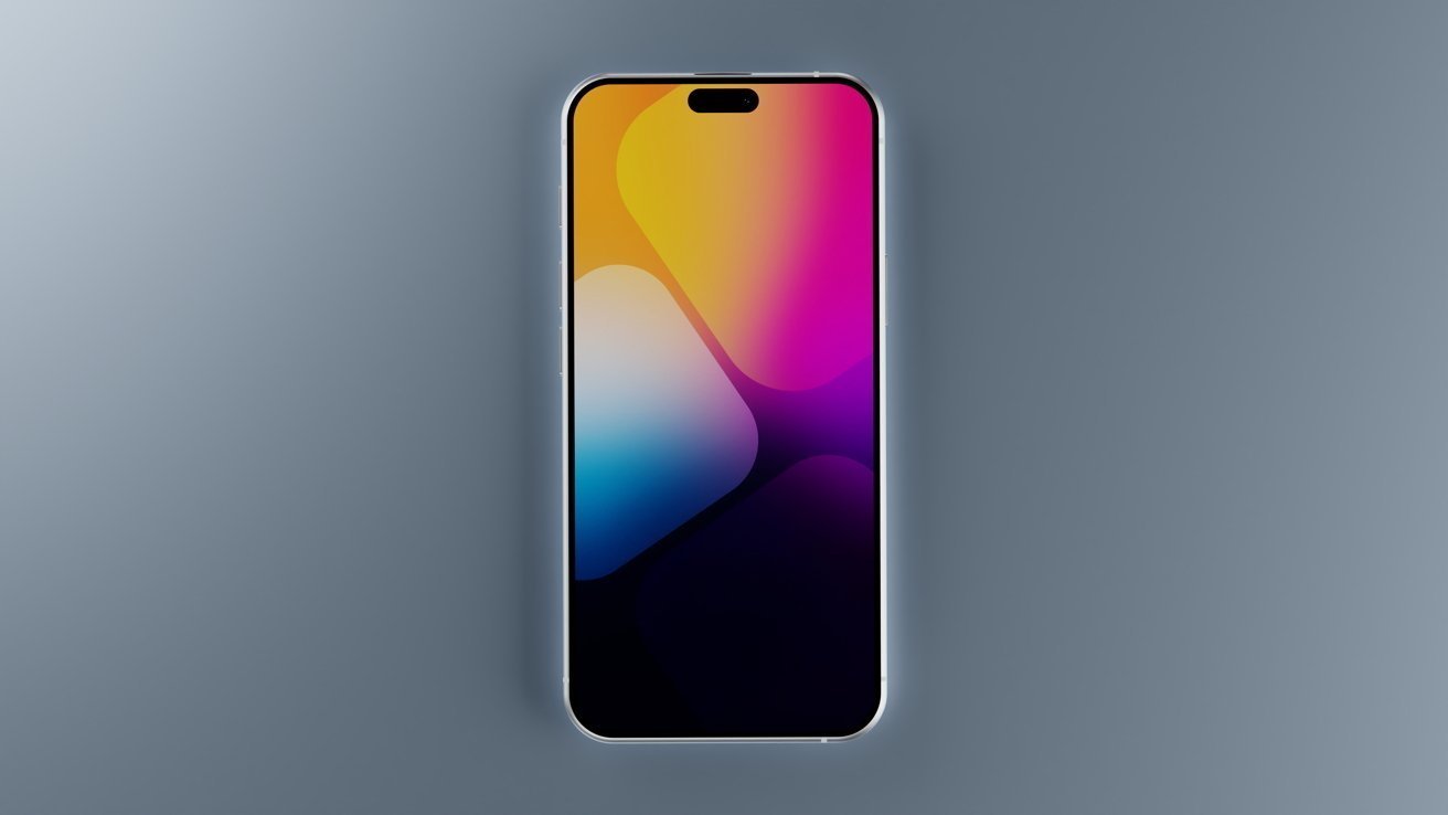 Smartphone with a colorful gradient wallpaper on display, featuring hues of orange, pink, blue, and purple, set against a simple gray background.