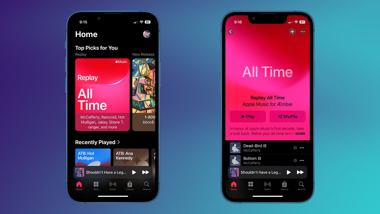 Two smartphone screens display Apple Music's Replay feature with colorful album covers, play, and shuffle buttons on a pink background.