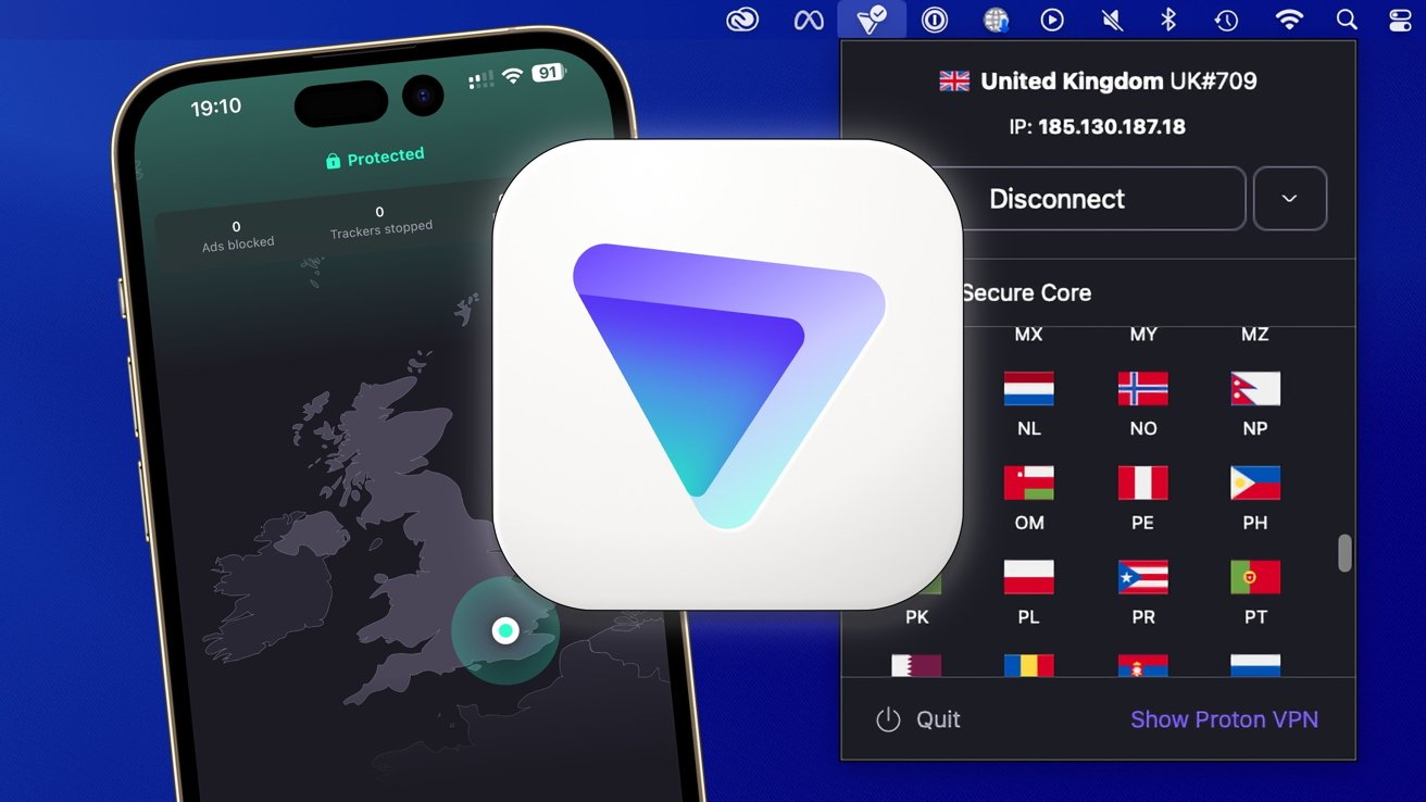 Smartphone displaying a VPN app with a map of Europe and flags. Prominent triangular logo in the foreground. Menu shows connection location as United Kingdom.