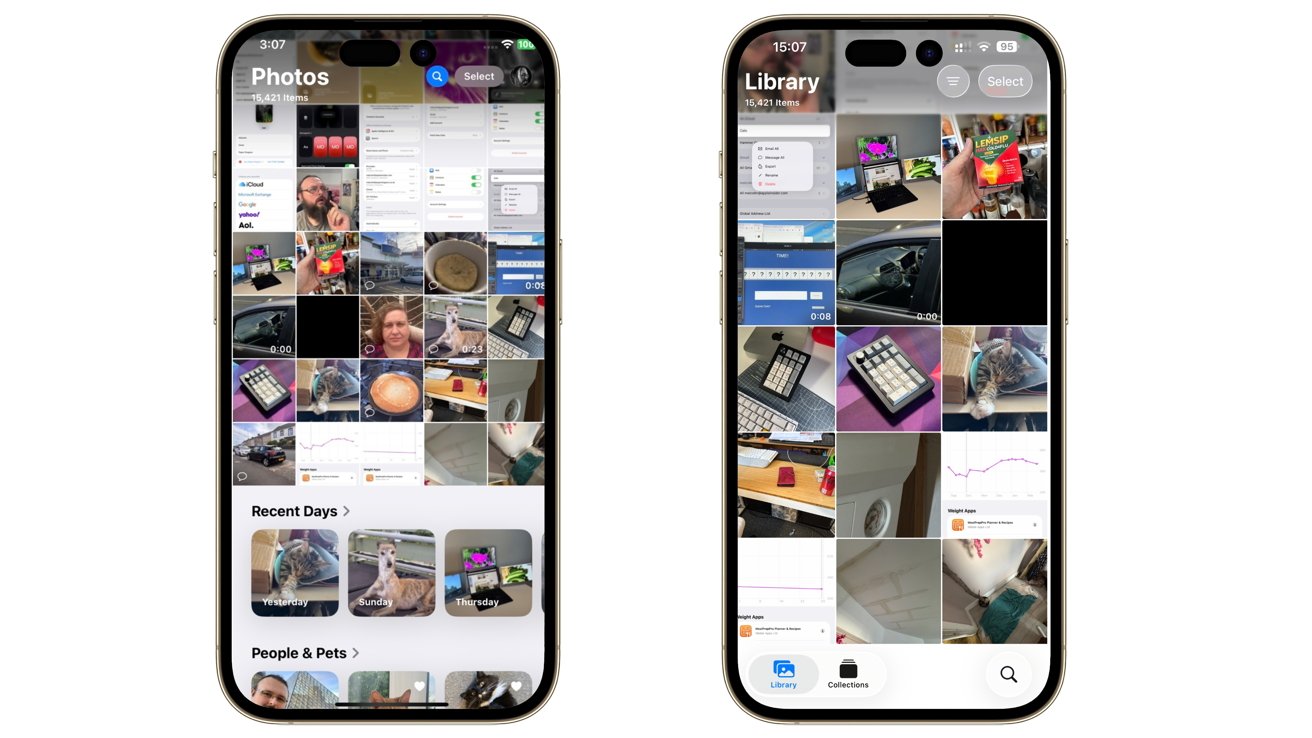 Two smartphone screens displaying photo gallery apps, each showing a grid of various thumbnail images, recent days, and a search option.