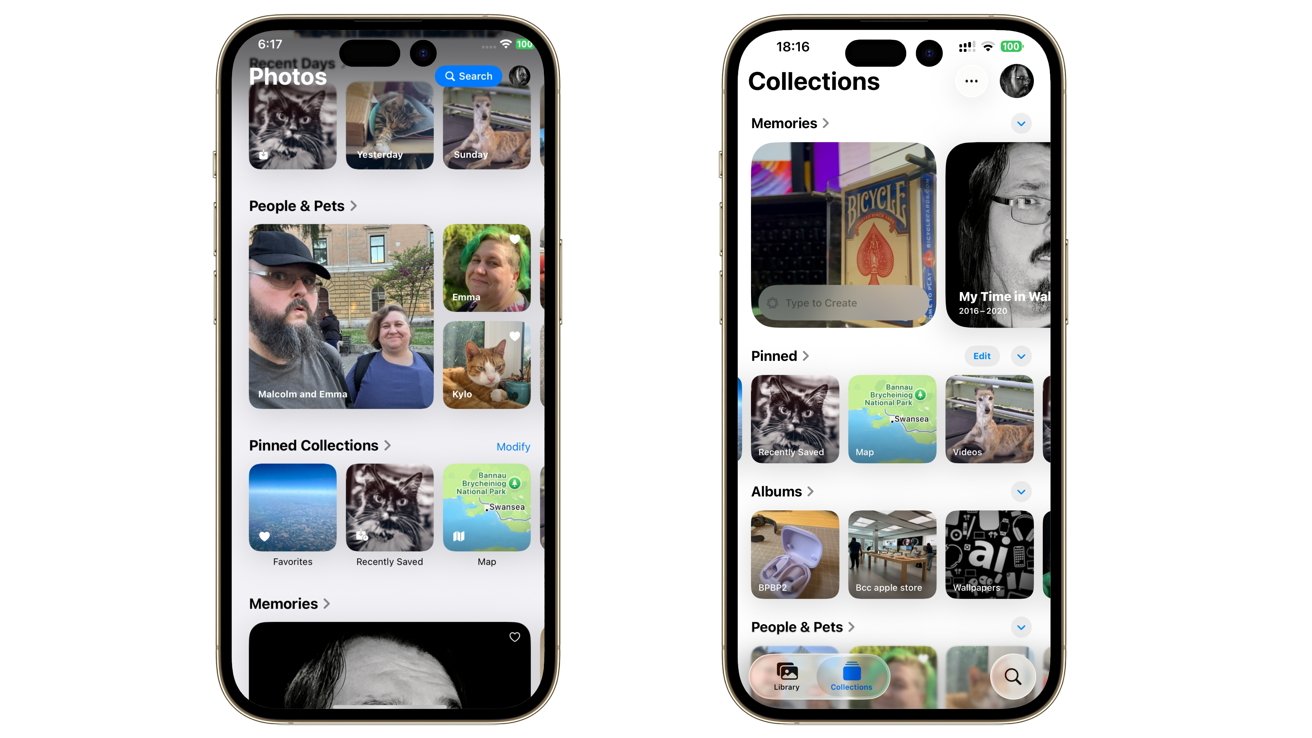 Two smartphone screens display a photo gallery app with categories like 'People & Pets,' 'Memories,' and 'Pinned Collections.' Various photos, including people, cats, and scenes, are shown.