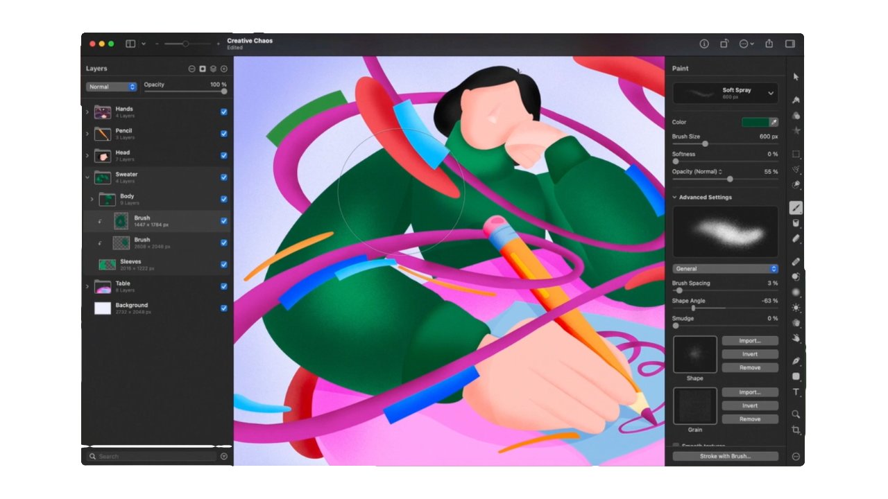 Digital illustration of a person in a green sweater holding a pencil, surrounded by colorful, abstract swirls, displayed in graphic design software.