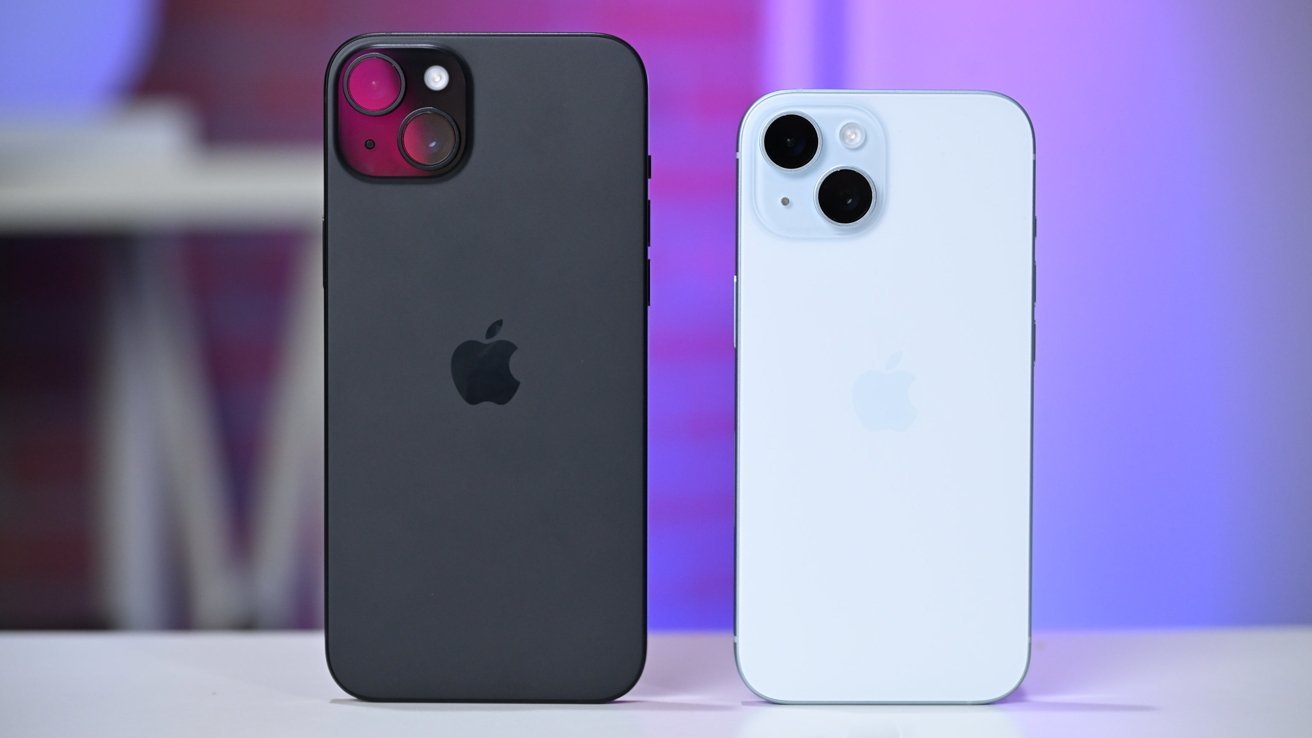 Two smartphones shown from the back, one black and one white, with dual cameras and Apple logos, set against a blurred purple background.