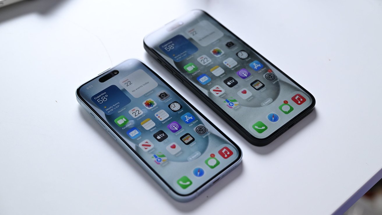 Two smartphones with various app icons and widgets displayed on their home screens, placed on a white surface.