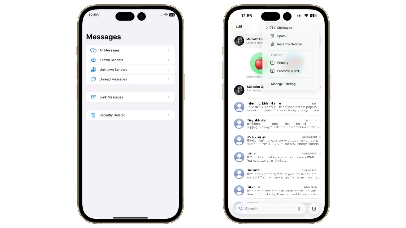 Two smartphones displaying a message app. Left shows message categories; right shows message list with filter options.
