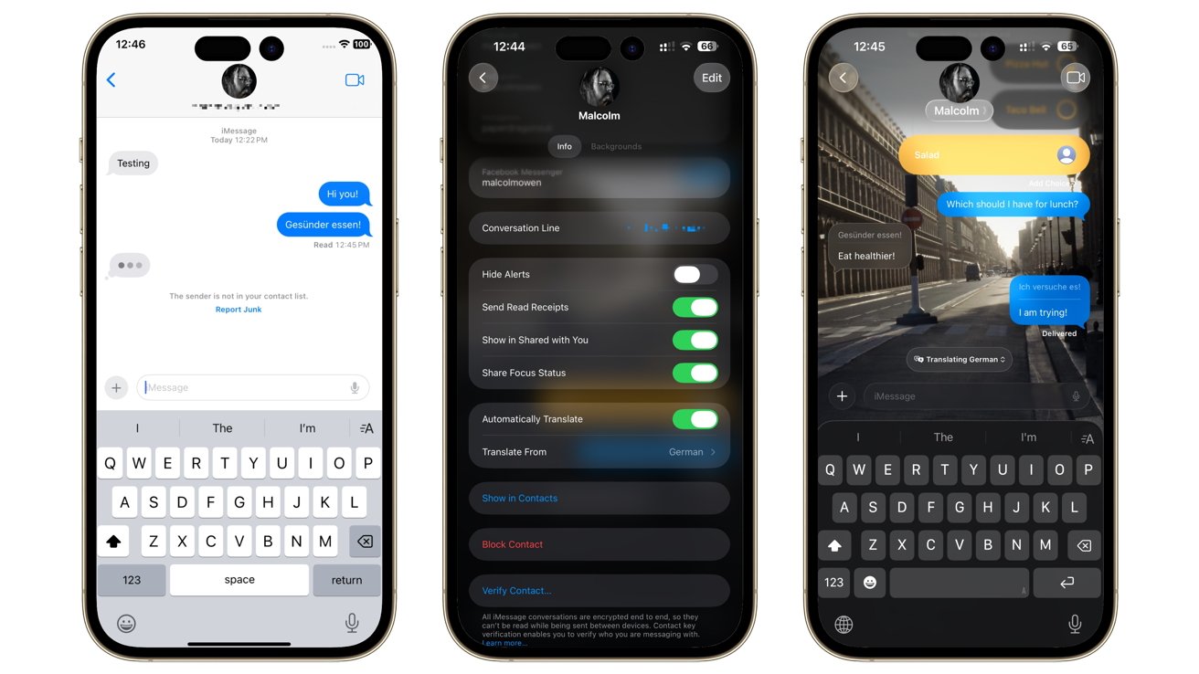 Three phone screens show messaging. First screen with text options, second with contact settings, and third shows a conversation with automatic German translation on a street photo background.
