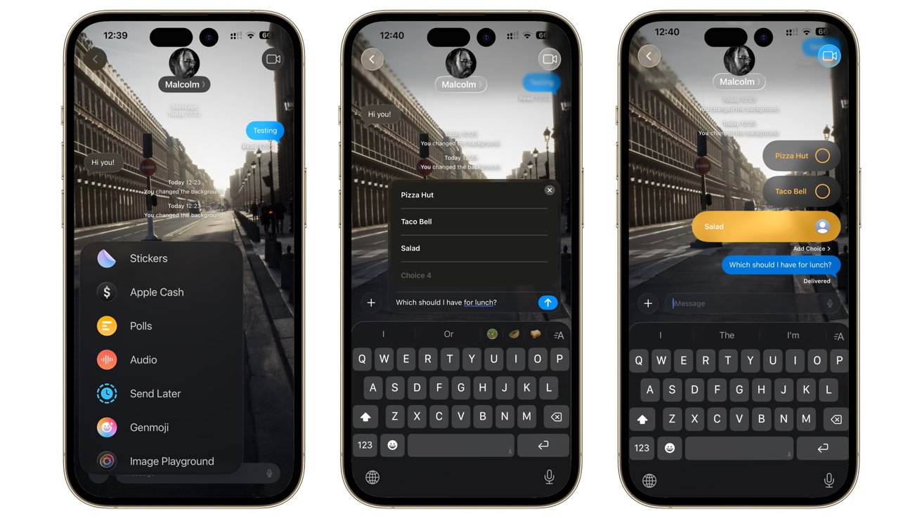 Three smartphone screens display a messaging app with various functions like polls and stickers. A city street photo serves as the background. A poll about lunch options is shown.