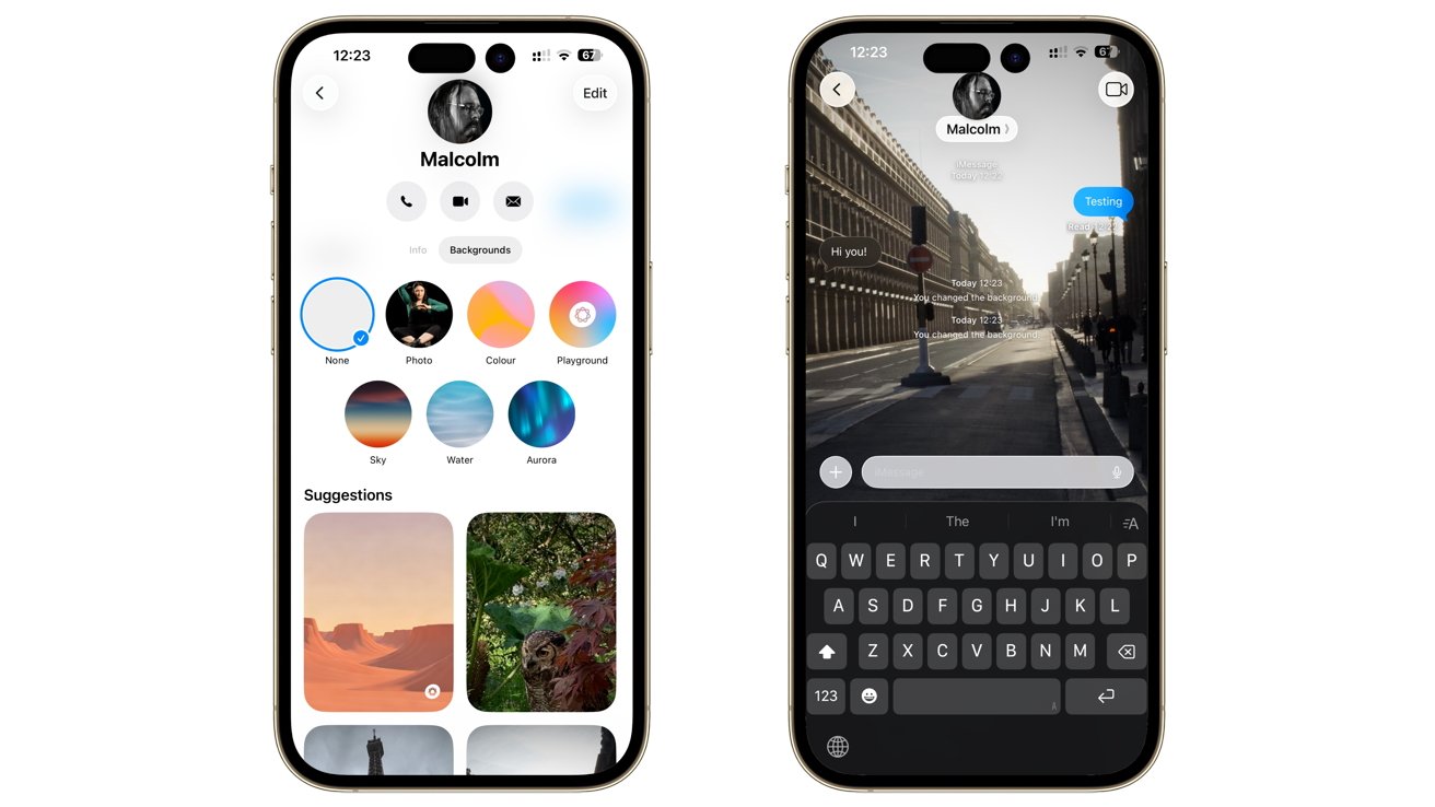 Two smartphones display chat customization options with backgrounds and a street scene message interface featuring a conversation.