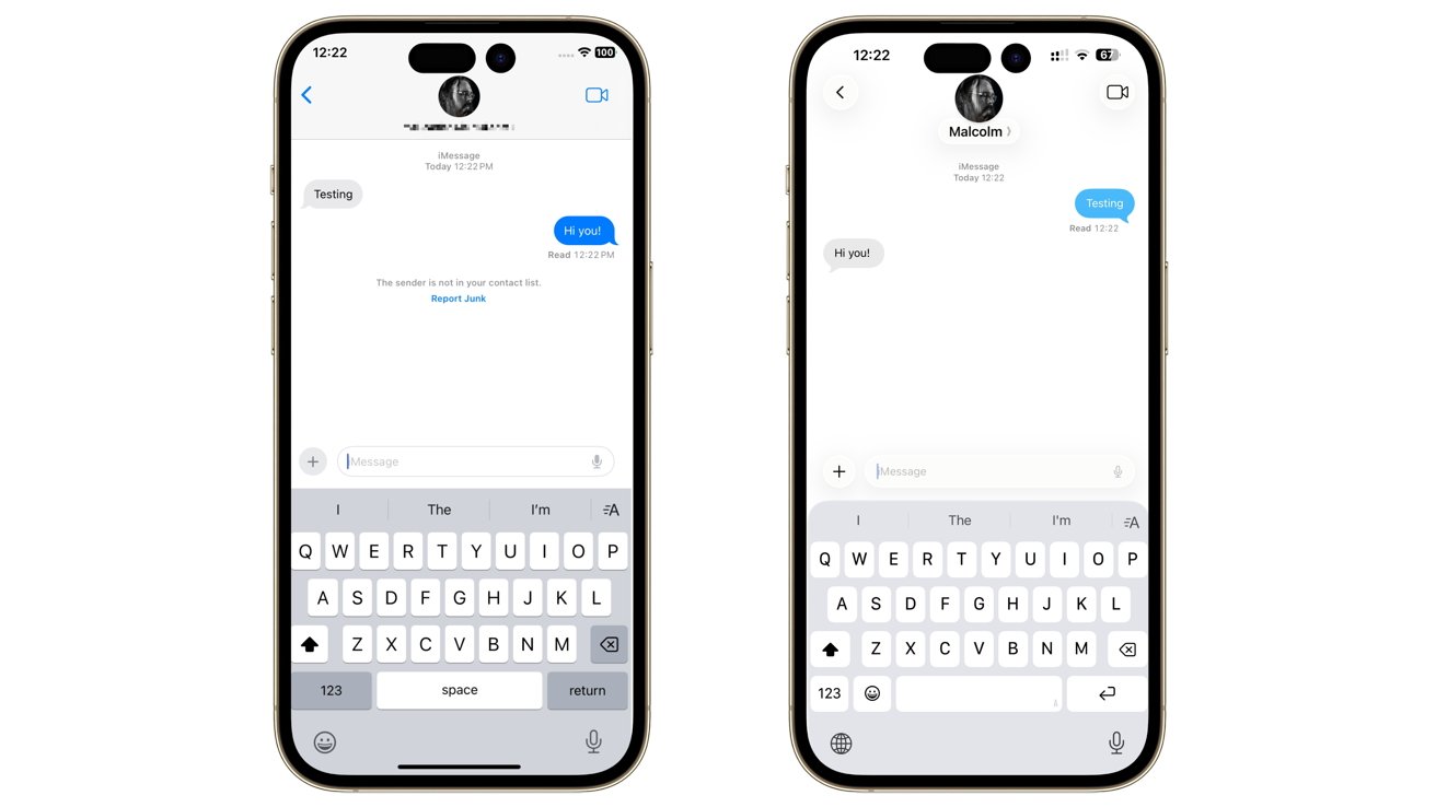 Two smartphones displaying text message conversations, each with keyboards visible below. Conversations show messages like 'Hi you!' and 'Testing' with timestamps.