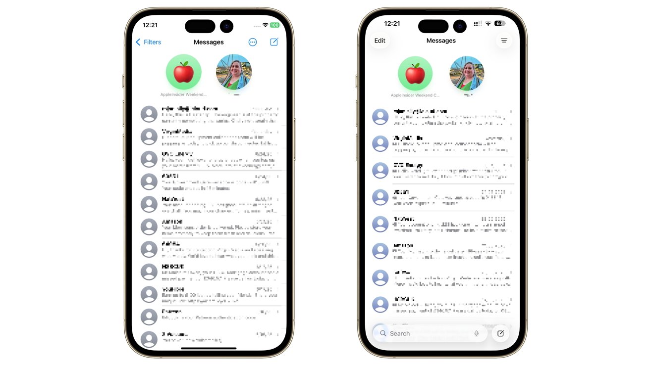 Two smartphones displaying a messaging app. Left phone shows blurred message list, right phone with search bar. Both have circular avatars at the top.