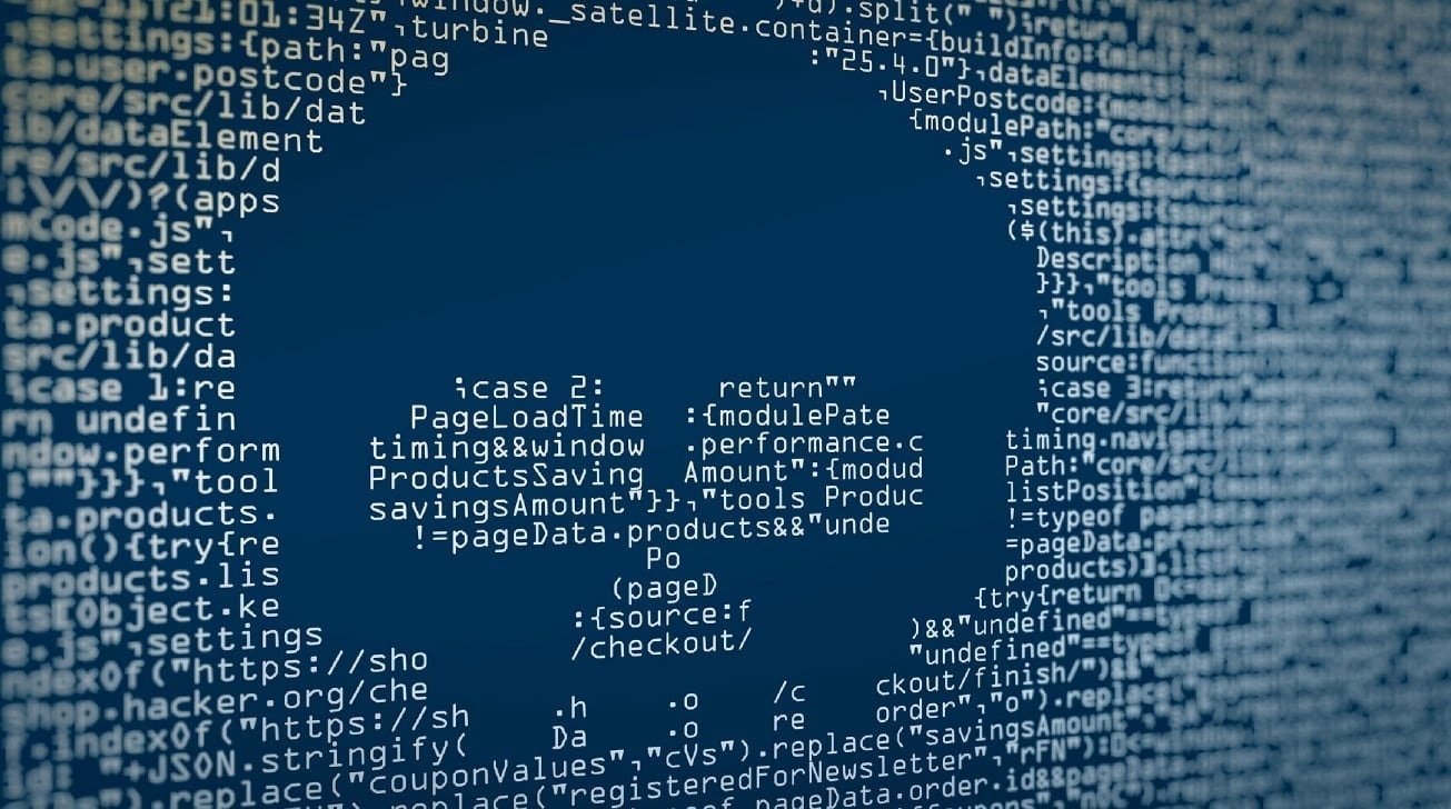Computer code forming a skull shape on a dark blue background, symbolizing cybersecurity threats or hacking.