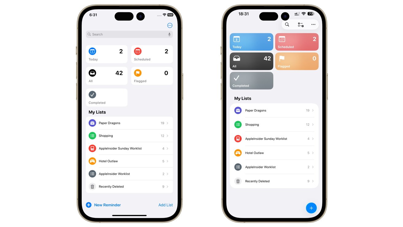 Two smartphone screens display a task management app, showing lists, tasks for today, scheduled tasks, flagged items, and completed tasks with colorful icons and numbers.