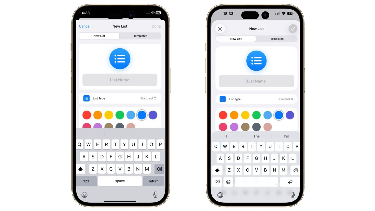Two smartphone screens display a new list creation interface, showing color options, list type selection, and a keyboard for input.