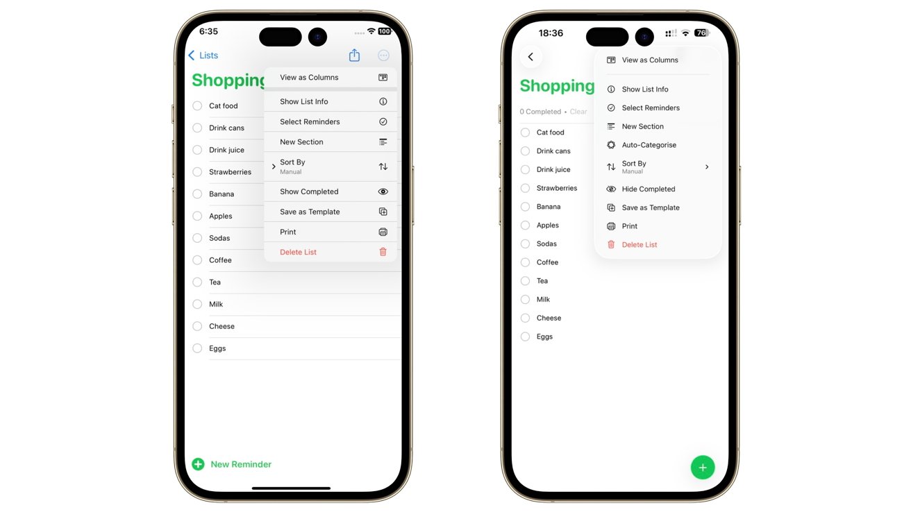 Two smartphone screens display a shopping list, featuring items and an options menu with actions such as sorting, adding sections, and deleting the list.