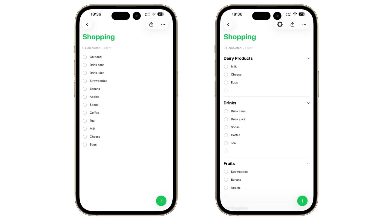 Two smartphone screens display a shopping list app with categories like dairy, drinks, and fruits. Items include milk, cheese, eggs, drink cans, and various fruits.